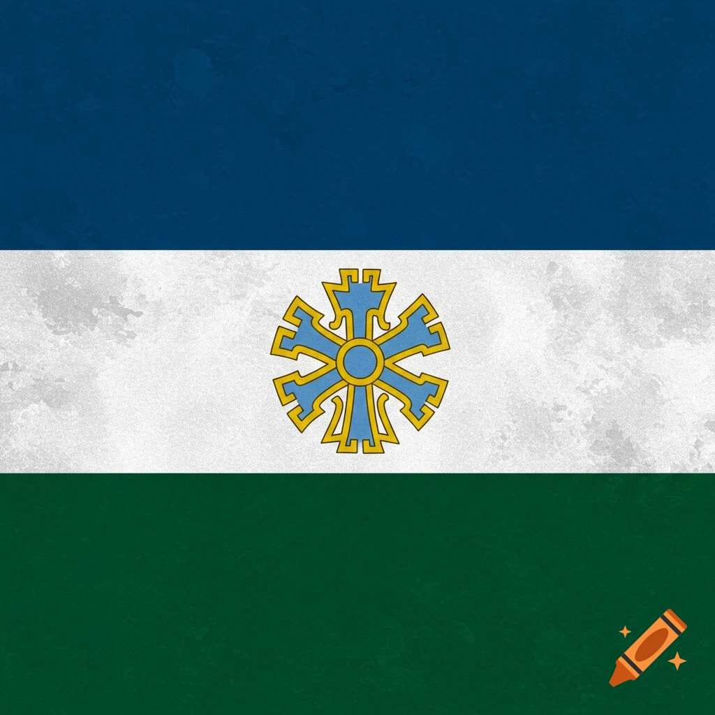 A flag with horizontal stripes of dark blue, off-white, and dark green, featuring a blue and yellow emblem in the center white stripe.