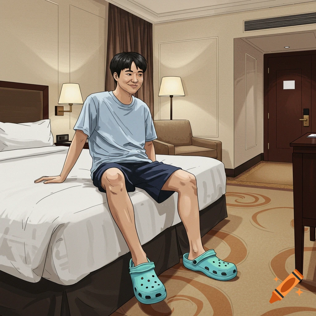 A person sitting on a bed in a hotel room