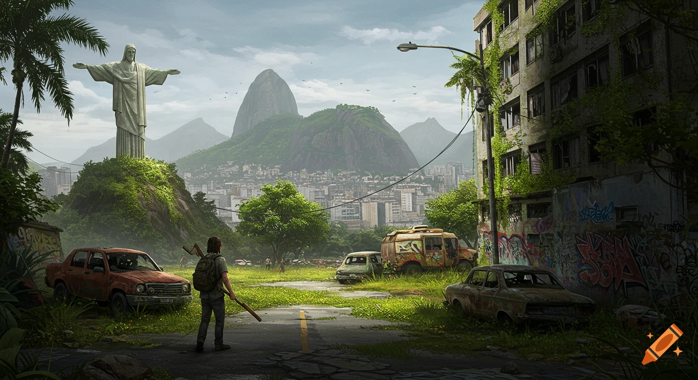 A figure stands on a ruined road in a post-apocalyptic Rio de Janeiro looking towards the Christ the Redeemer statue.