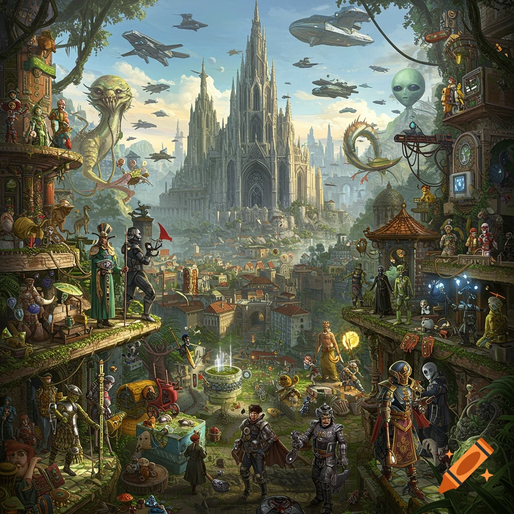 Detailed fantasy/sci-fi cityscape with elaborate buildings, creatures, figures, and flying ships.