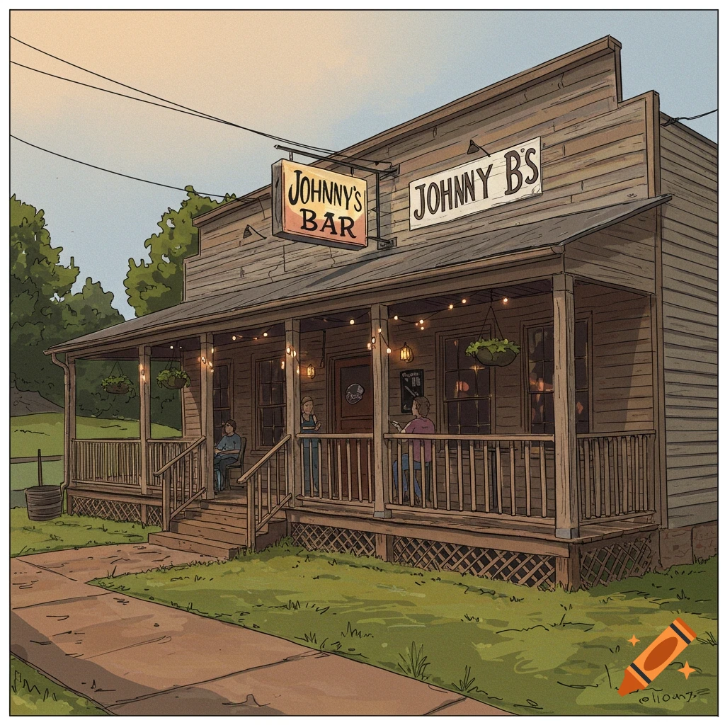 A rustic wooden bar called Johnny B's with a porch and people.