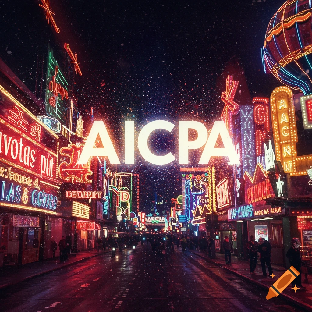 A street scene at night with bright neon Las Vegas style lights and large text reading AICPA.