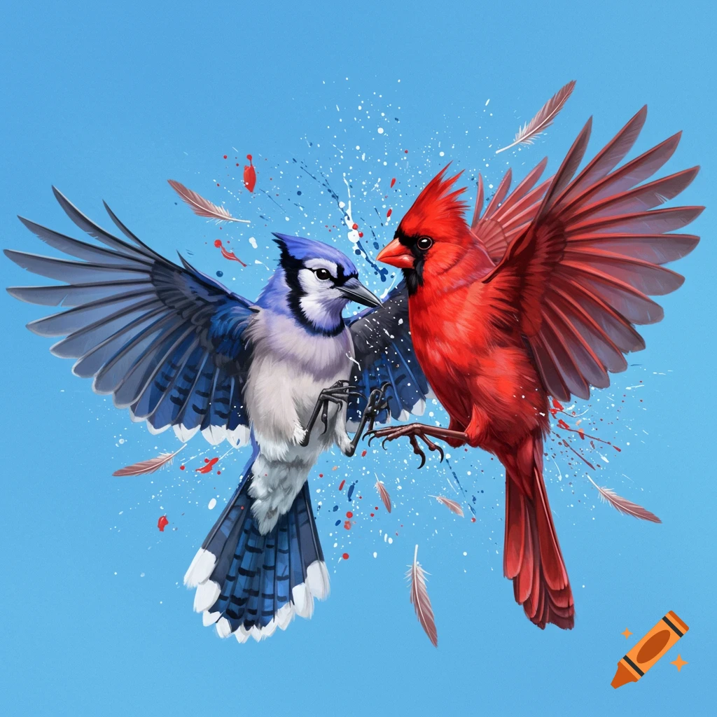 A blue jay and cardinal flying towards each other with paint splatters.