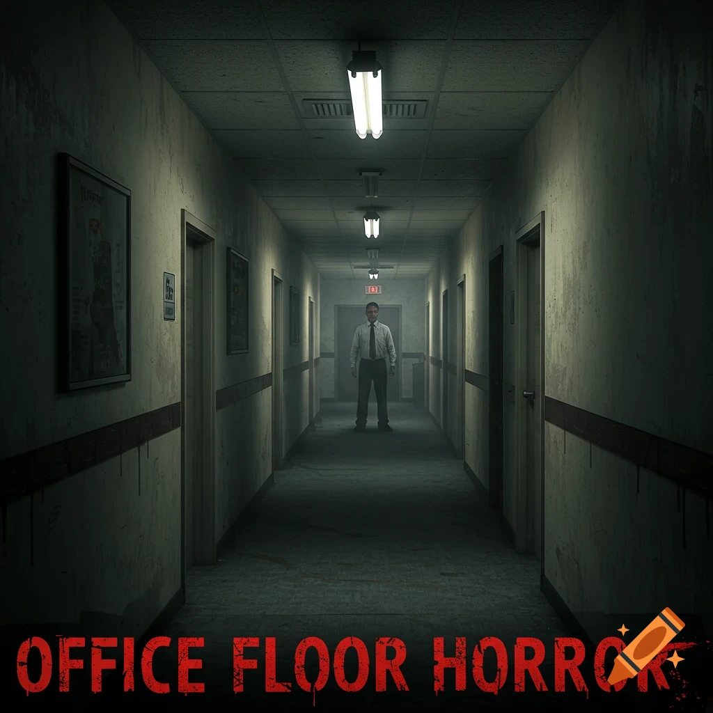 An eerie office hallway with a man standing at the end, red text "OFFICE FLOOR HORROR" at the bottom.
