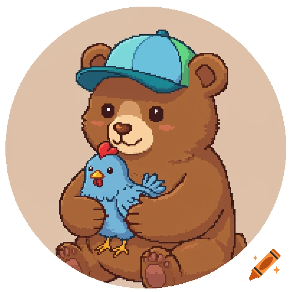 Pixel art cartoon bear in a baseball cap holding a blue chicken.