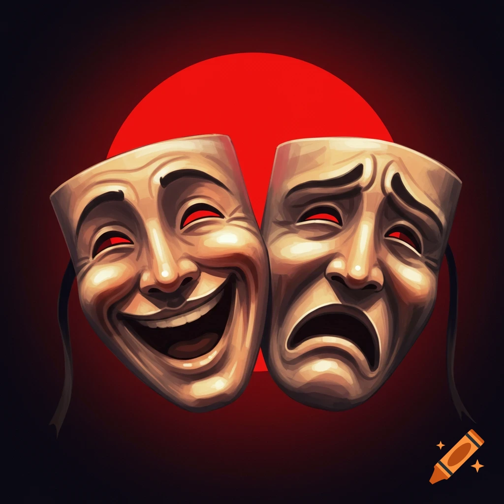 Two theater masks, representing comedy and tragedy, are positioned against a prominent red circle.