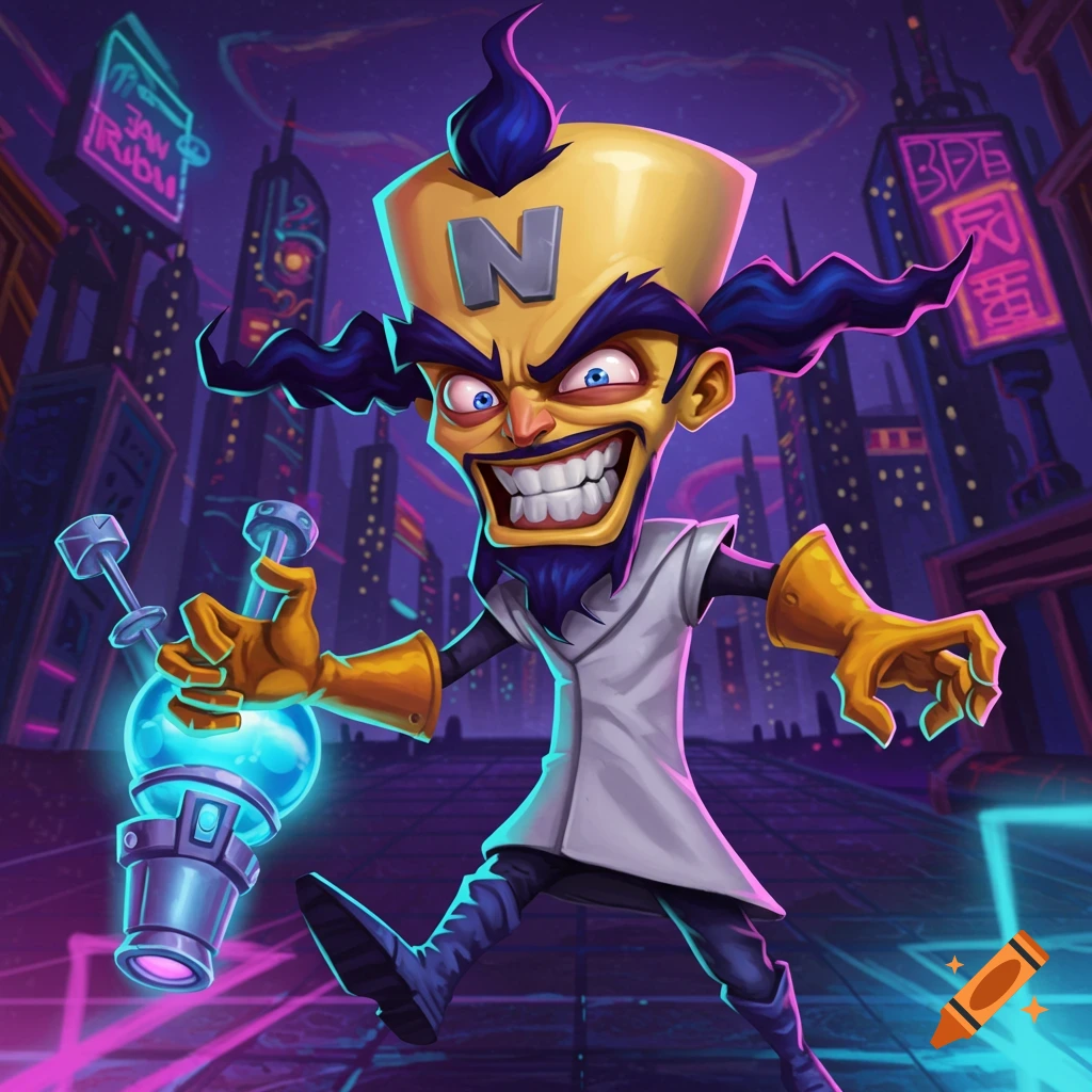 Cartoon villain Dr. Neo Cortex in a neon city, holding a device.