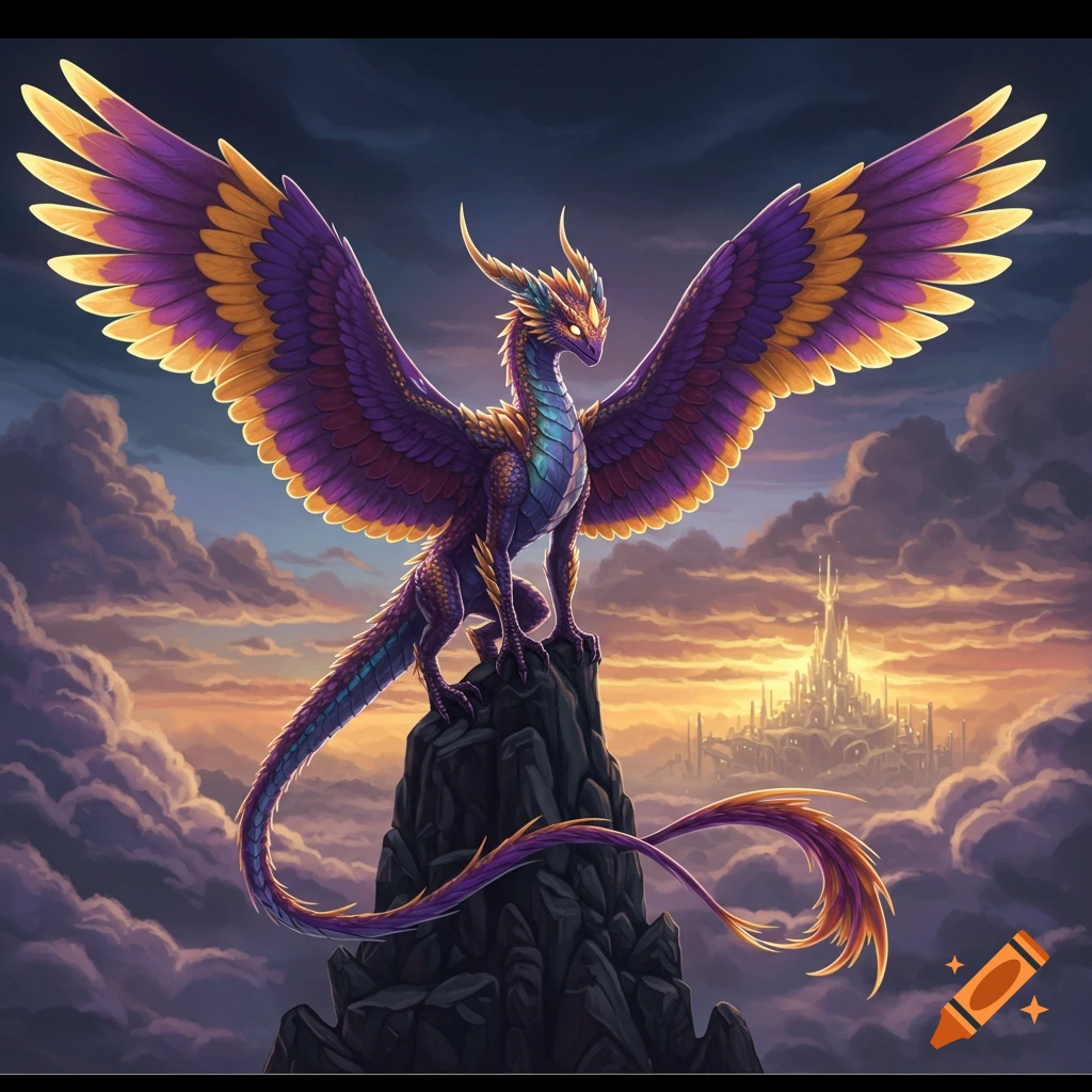 A vibrant purple and gold dragon perches on a rock overlooking a fantasy castle at sunset.