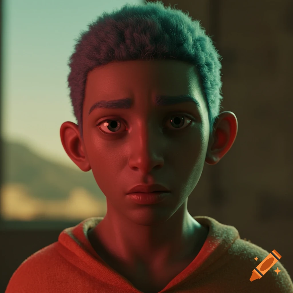 A close-up of a boy with sad eyes illuminated by red and green light.