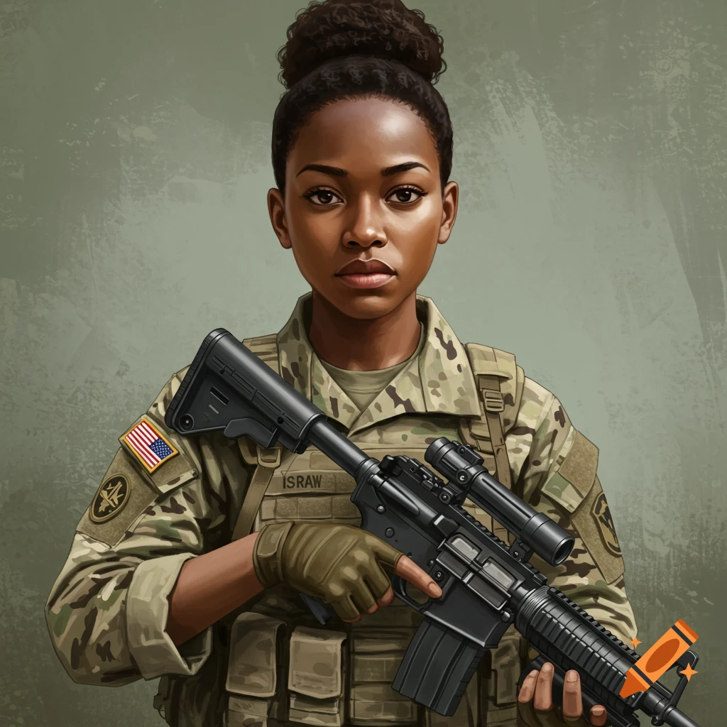 A Black woman soldier in uniform holding a rifle.