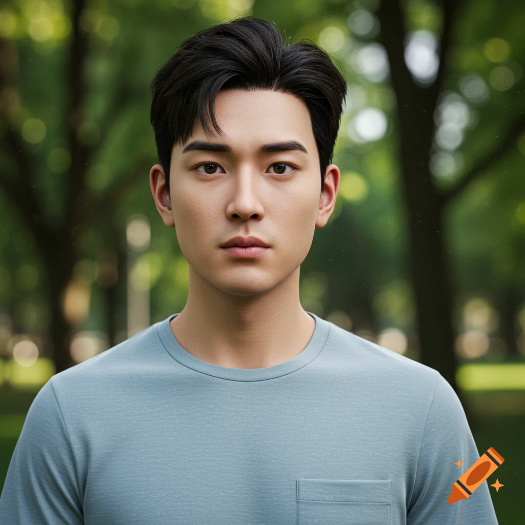 Photorealistic portrait of a young Asian man in a park.