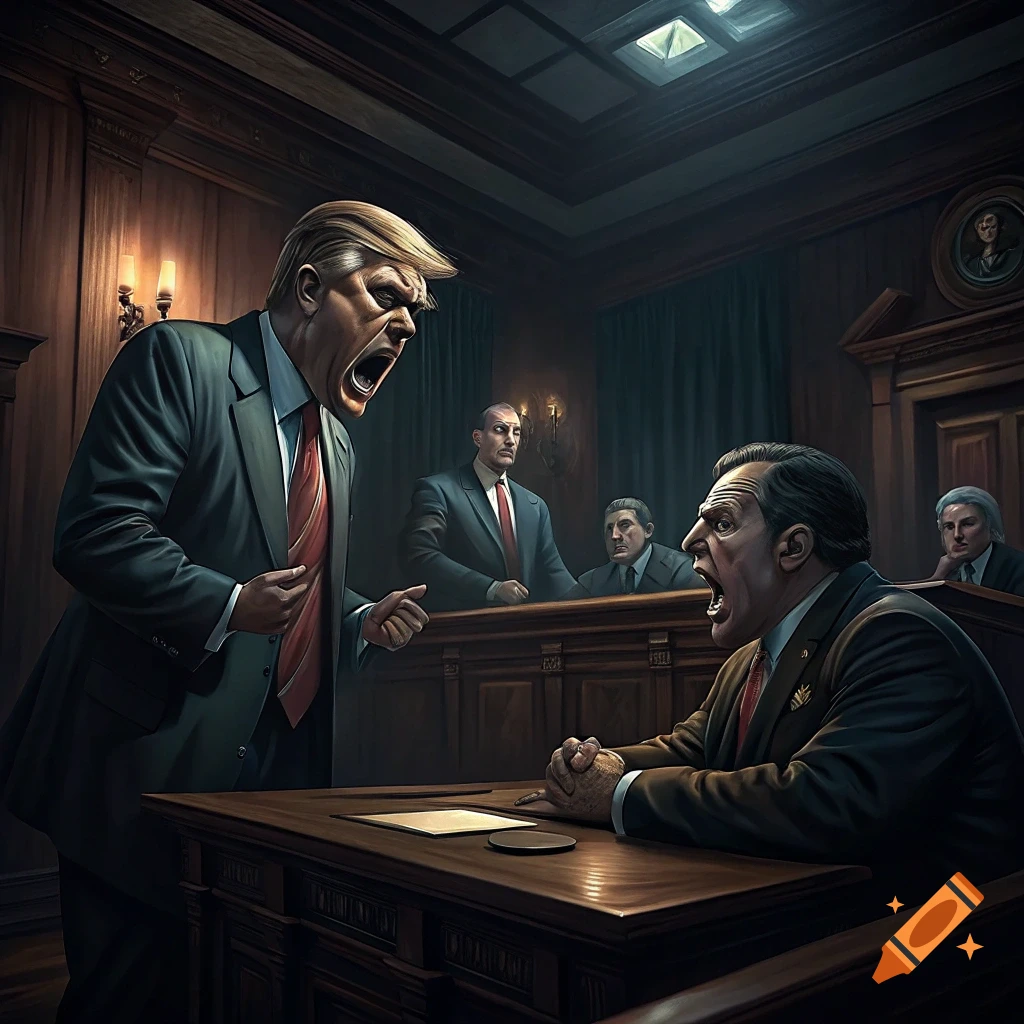 Politicians arguing intensely in a dark courtroom.