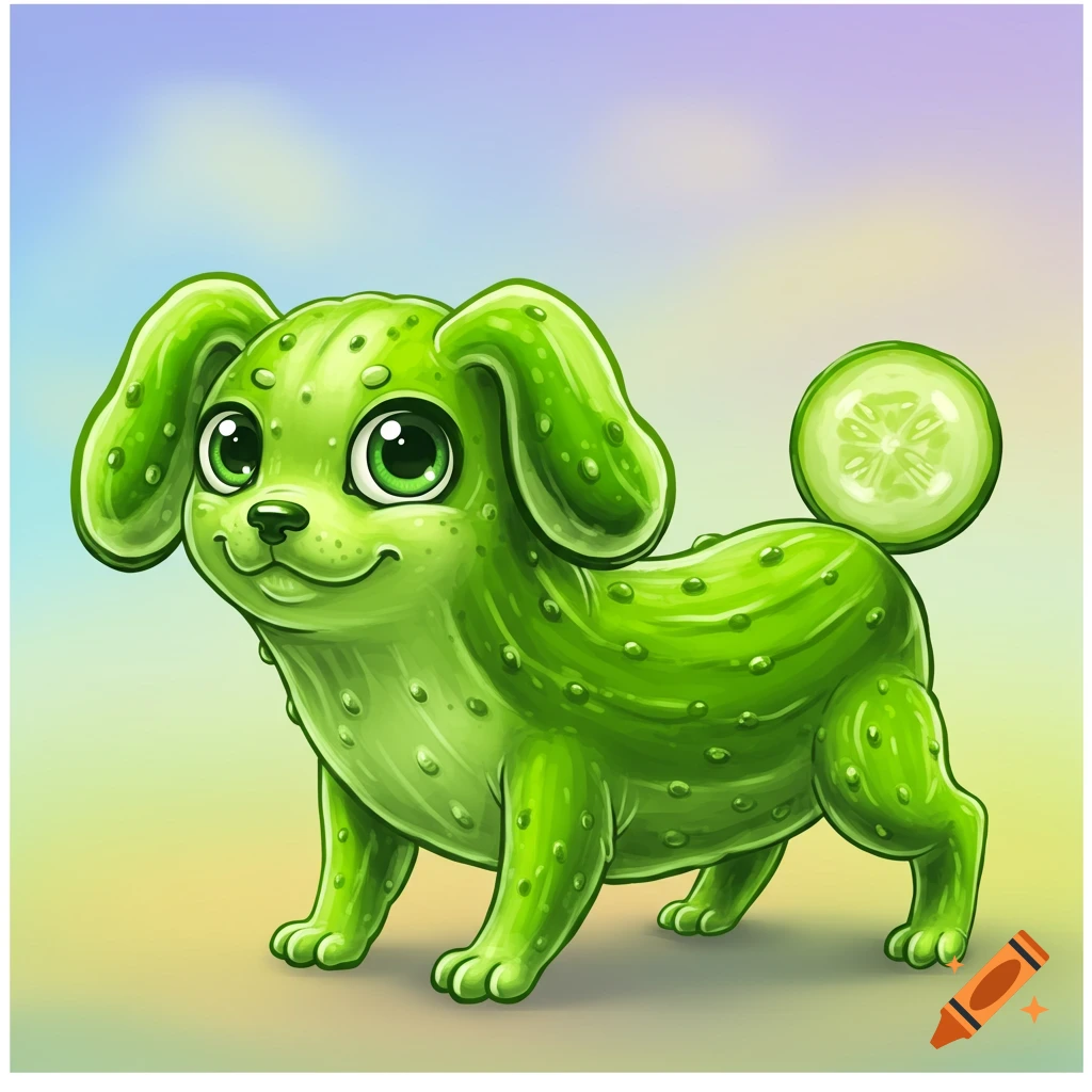A green cartoon dog made of a cucumber, with a cucumber slice for a tail.