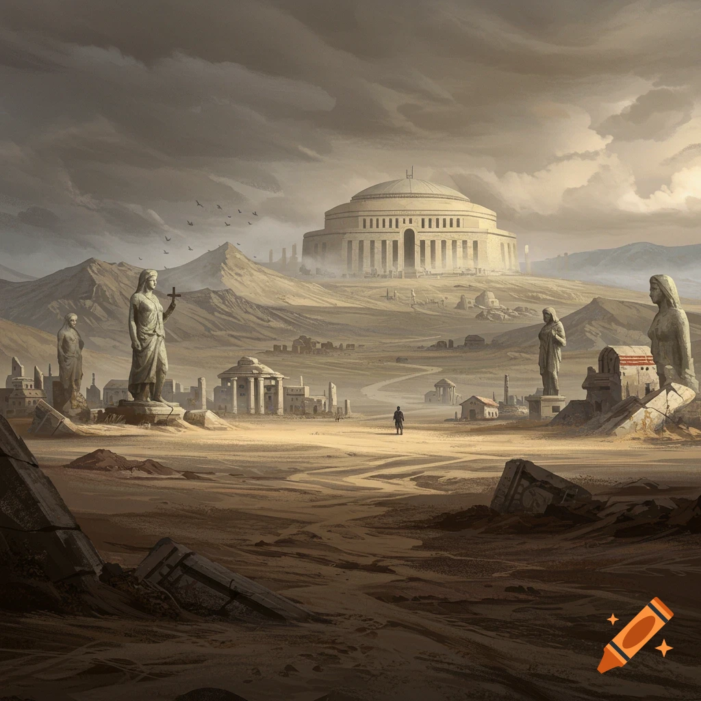 Ancient ruins, statues, and a large domed building in a desolate landscape under a cloudy sky.
