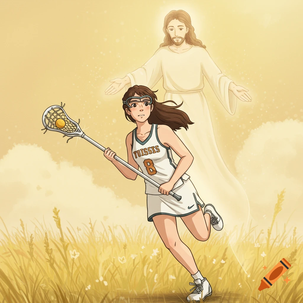 Anime style illustration of a lacrosse player with Jesus floating behind her in a field.