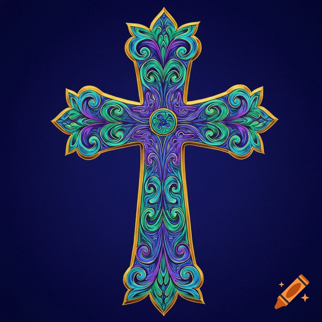 An ornate, colorful cross with swirling patterns in green, blue, and purple on a dark blue background.