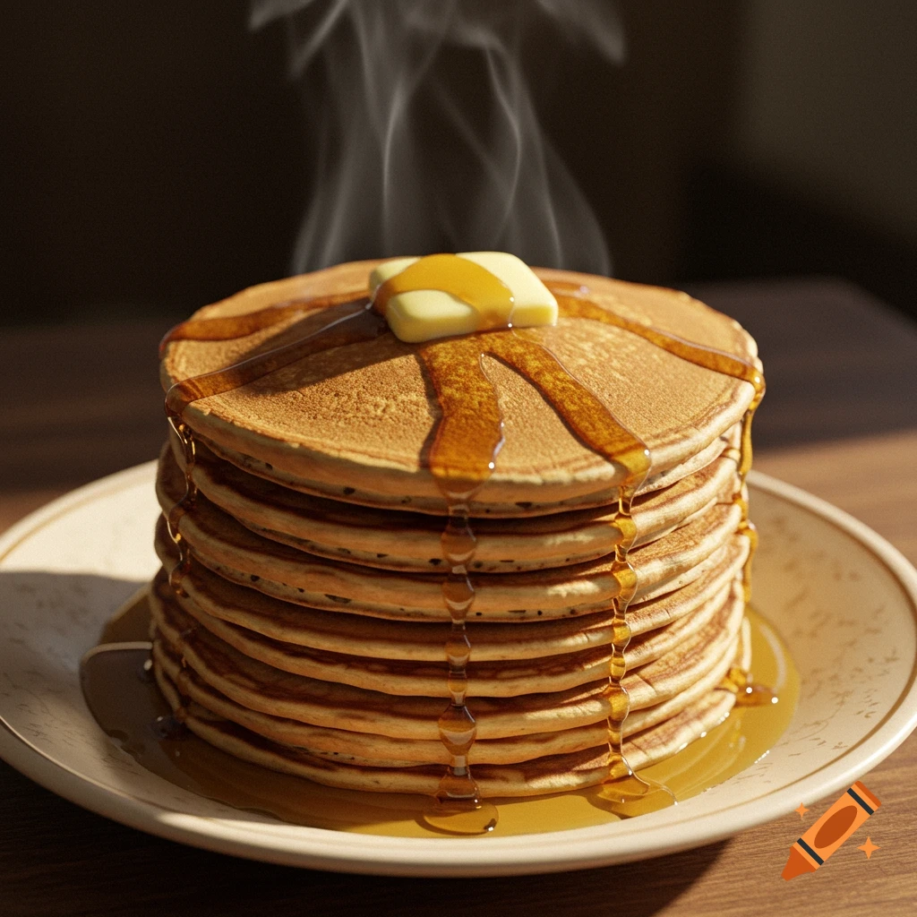 A stack of pancakes with butter and syrup steaming on a plate.