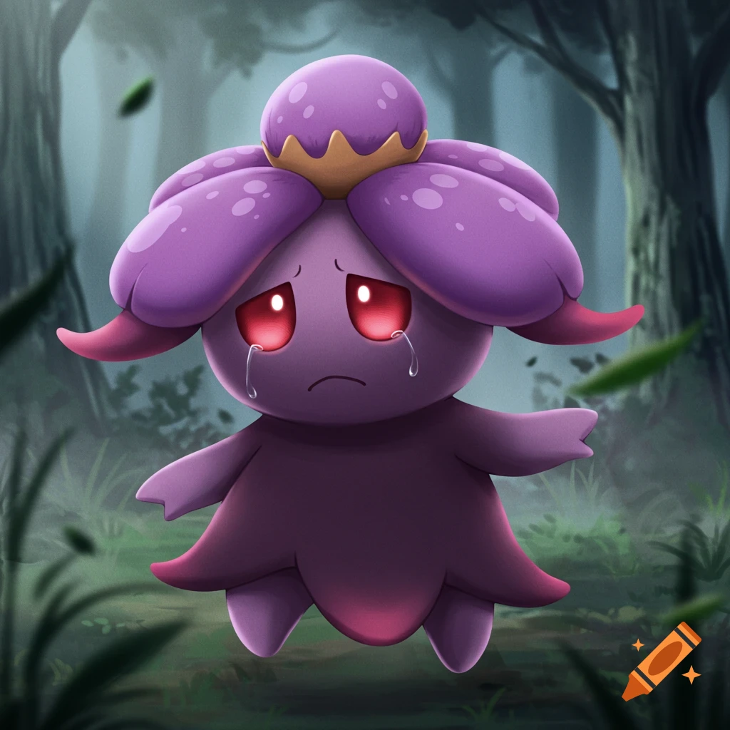 A purple Pokemon, Gloom, crying in a dark forest.