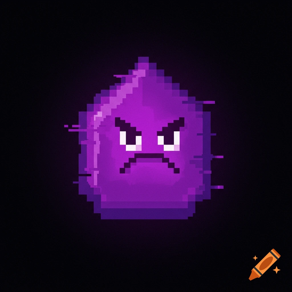 A pixelated purple character with an angry face glitches on a dark background.