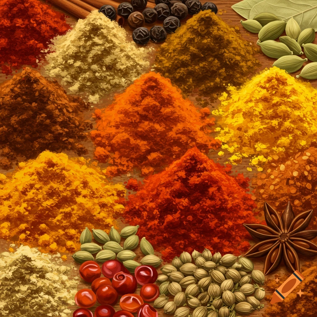 Colorful spice piles and whole spices on a wooden surface