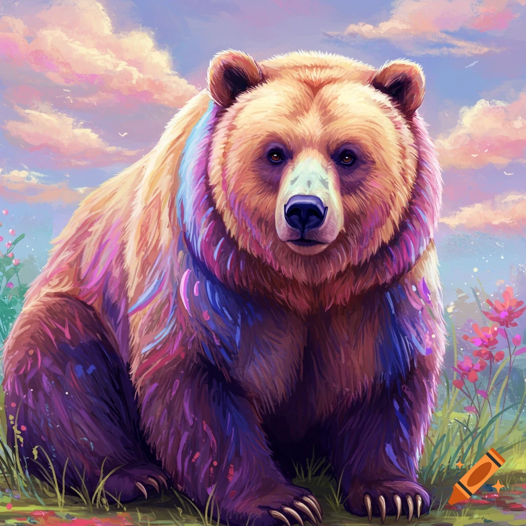 An artistic multi-colored bear sits in a field under a colorful sky.