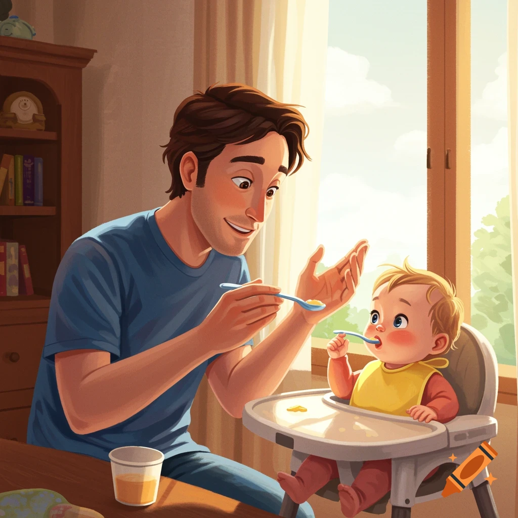 A father is feeding his baby in a highchair by a sunny window.