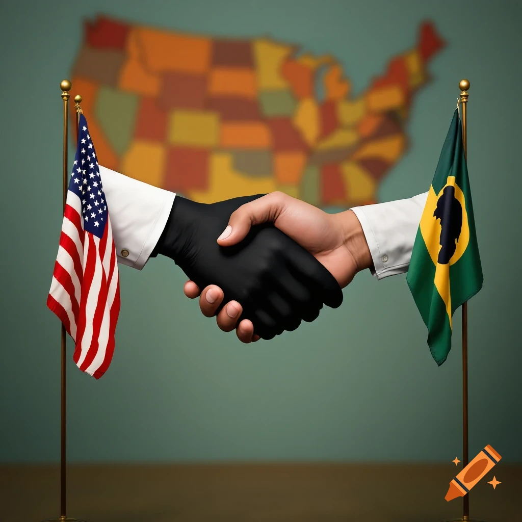 Two hands shaking, one in a black glove, one brown, between a US and a Brazilian flag, with a blurred US map in the background.