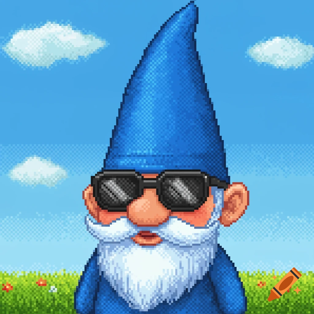Pixel art of a blue gnome wearing sunglasses in a field