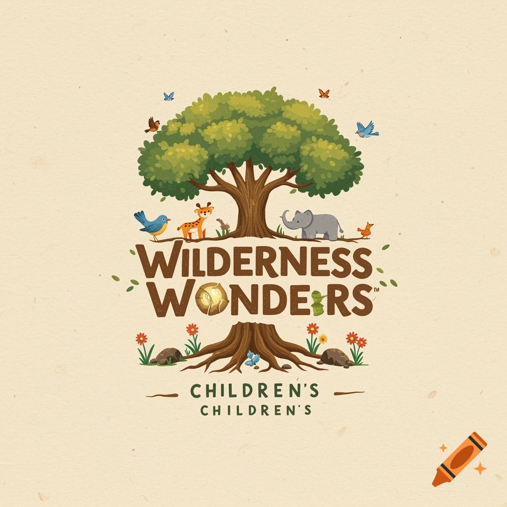 Cartoon logo with a stylized tree, animals, flowers, and text 'Wilderness Wonders Children's Children's'.