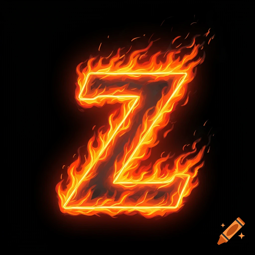 A letter Z is engulfed in bright orange and yellow flames on a black background.