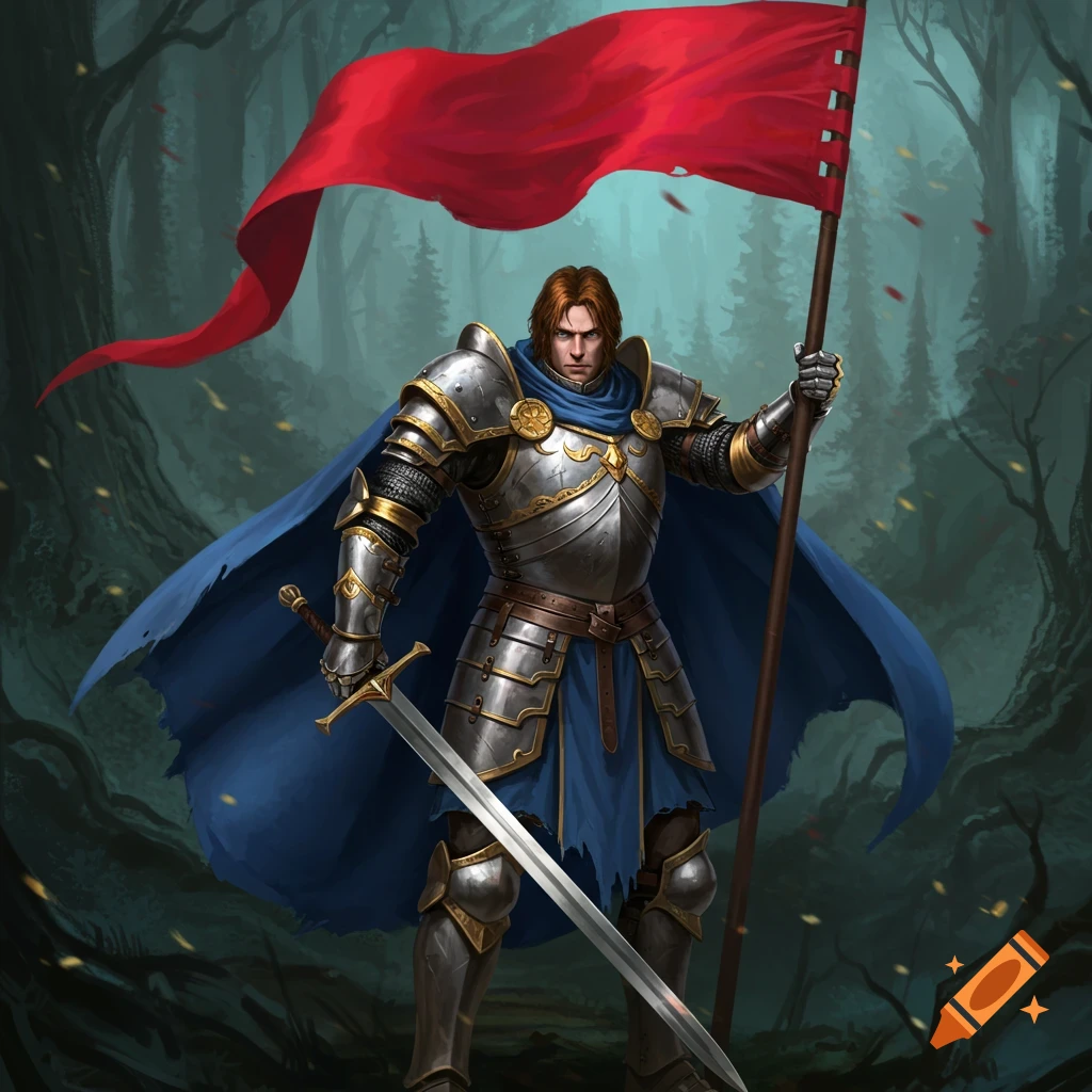 A knight in armor holding a sword and a red flag in a forest.