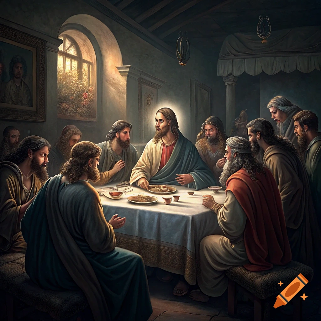 Painting of Jesus and his disciples seated around a table at the Last Supper in a room with a window.