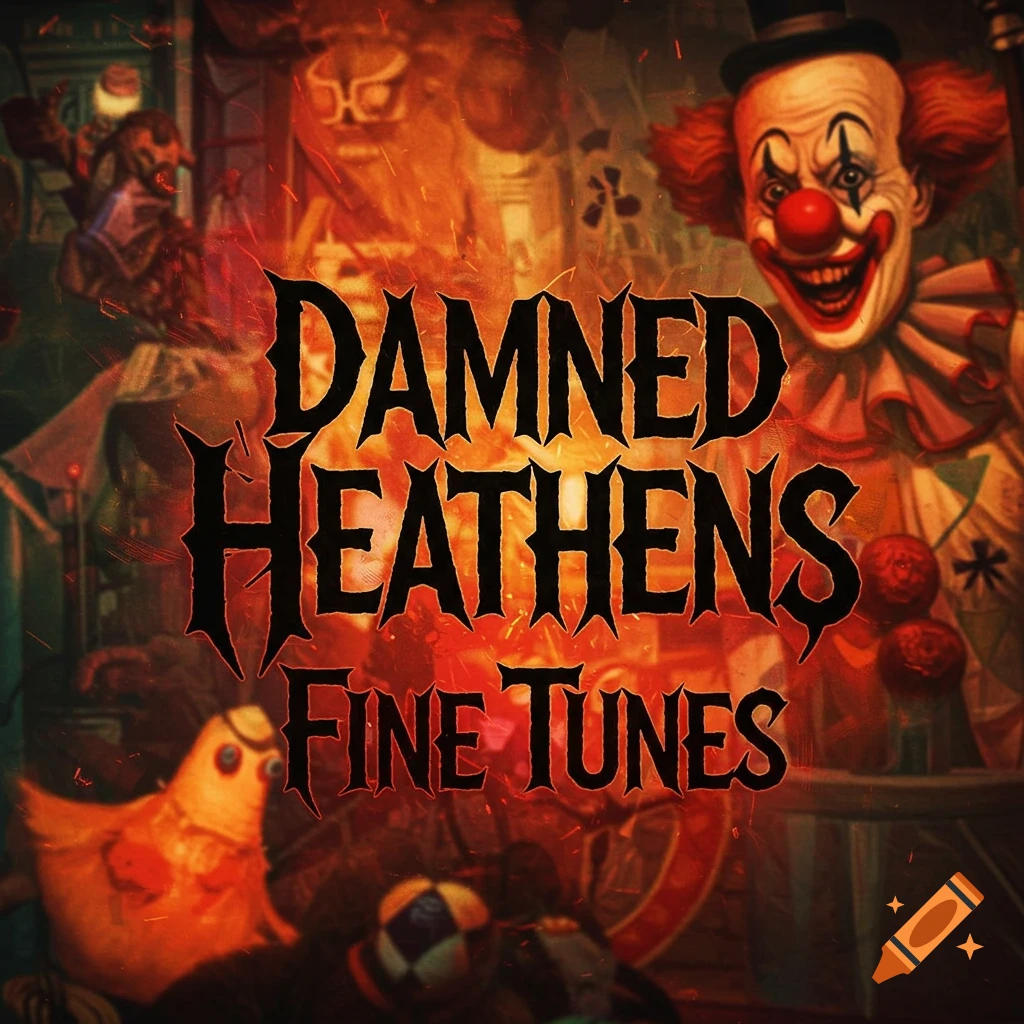 A creepy clown with text "Damned Heathens Fine Tunes" and a dark, fiery background with distorted figures.