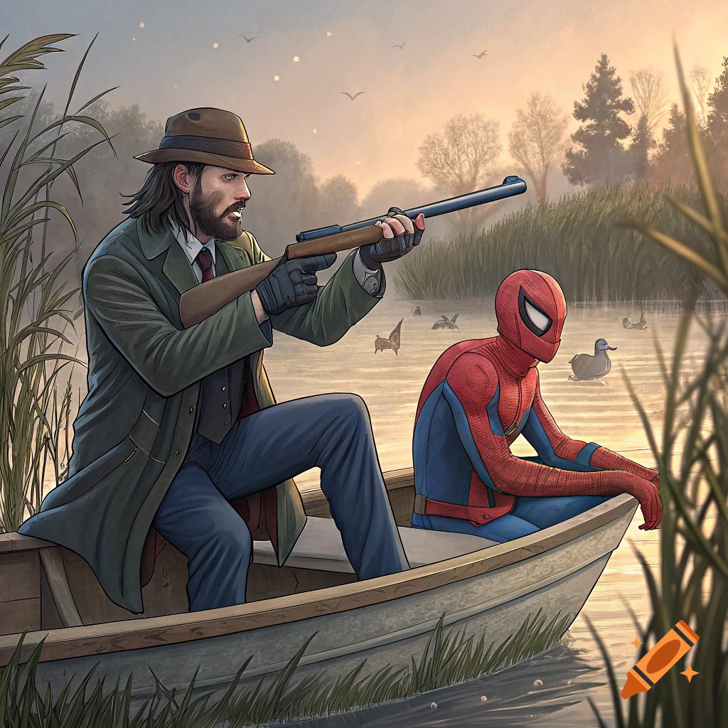 John Wick and Spider-Man are duck hunting from a boat in a marsh landscape.