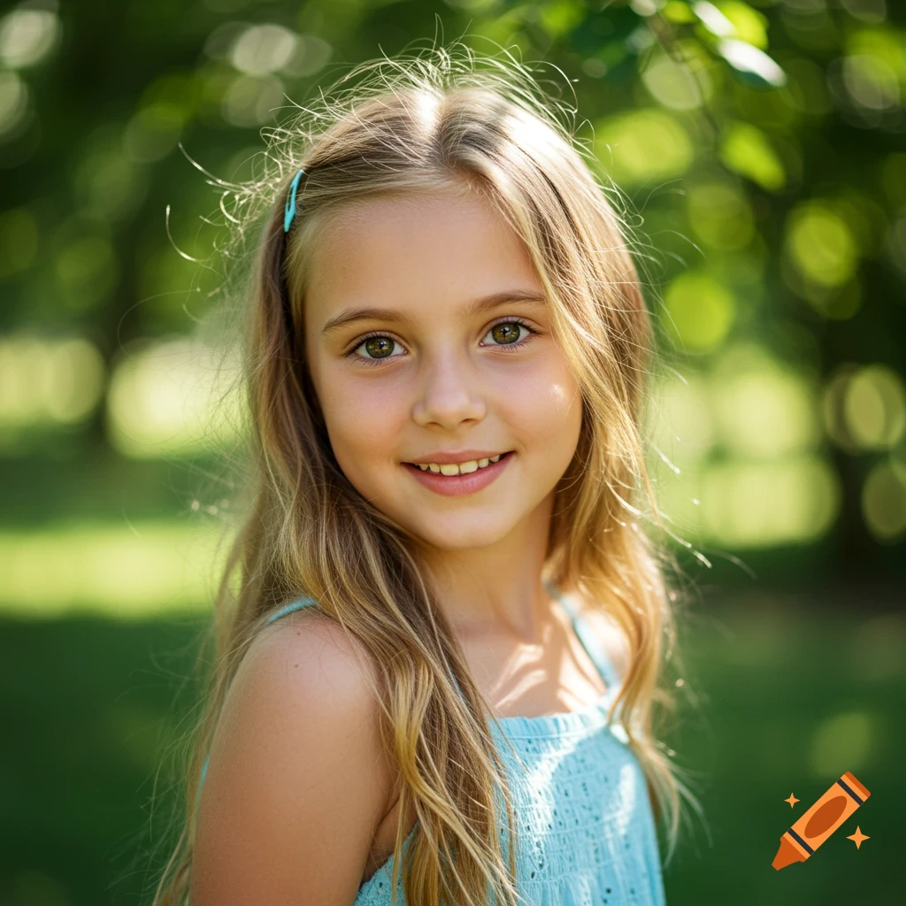 Portrait of a young girl with long blonde hair smiling in a park.