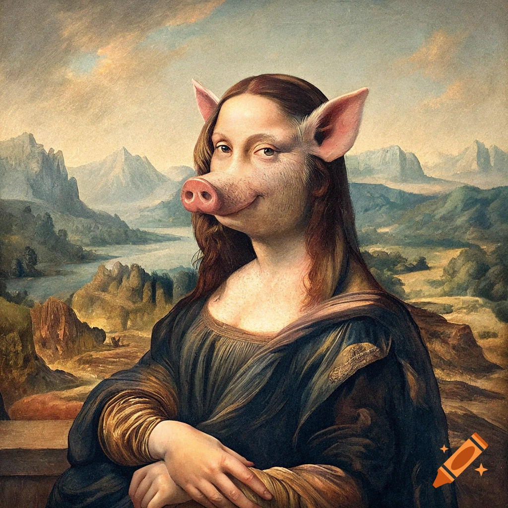 Parody portrait of Mona Lisa with a pig face, in classical painting style.
