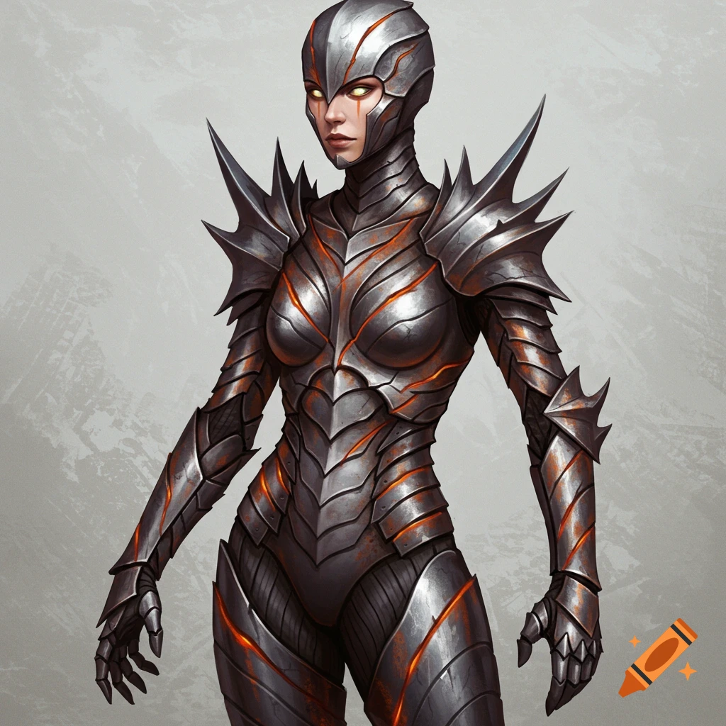 A woman in detailed fantasy armor with sharp pauldrons and glowing orange lines.