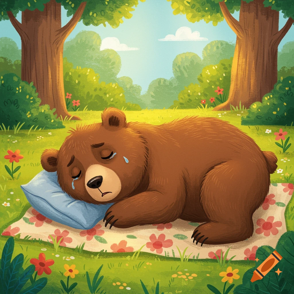 Children's book illustration of a sad brown bear crying on a floral blanket in a sunny meadow.