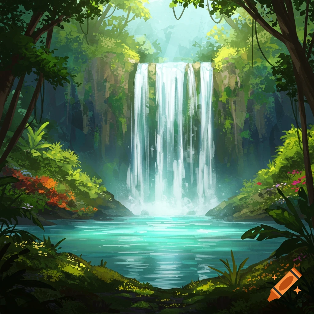 Waterfall in a lush jungle with a bright blue pool