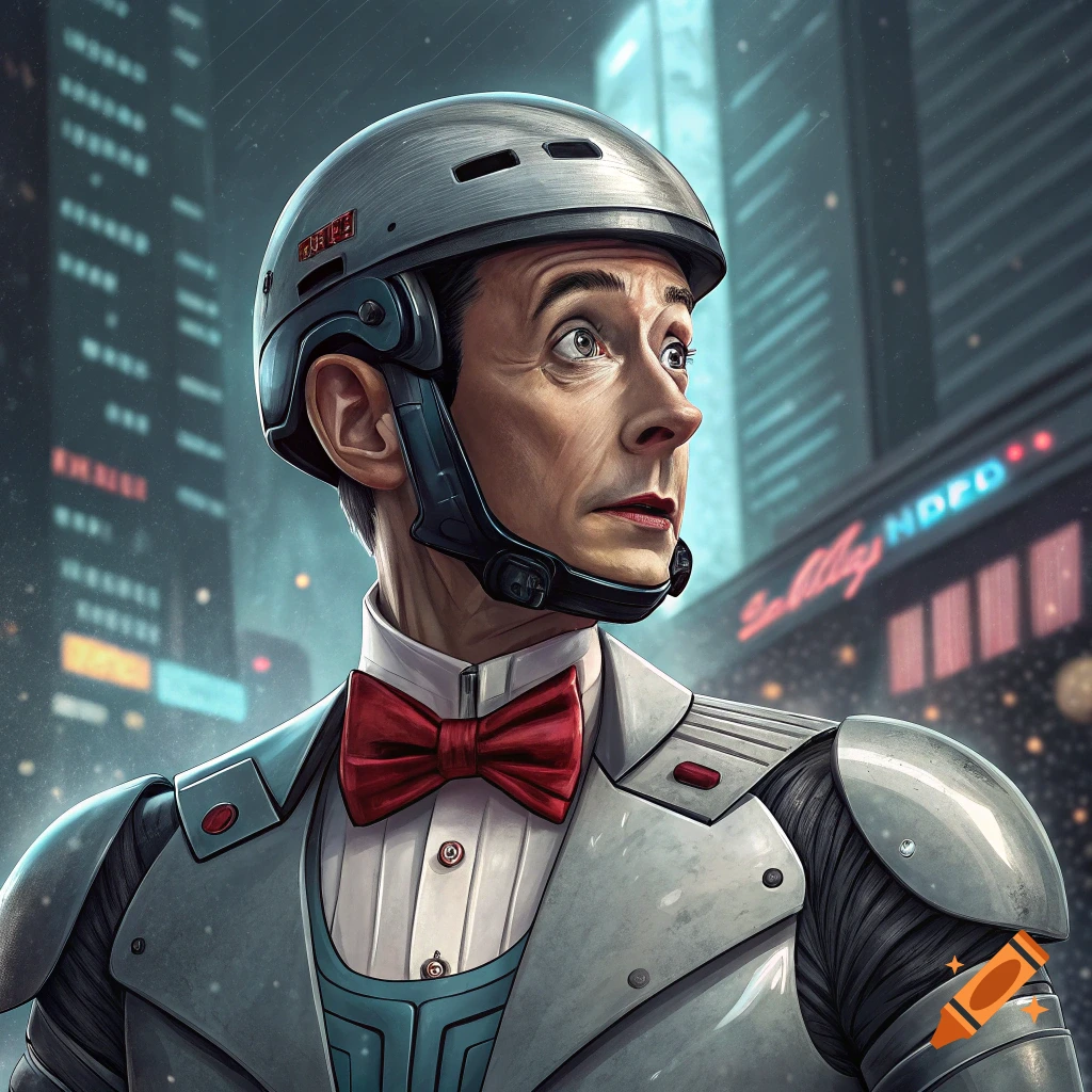 A man with Pee-wee Herman's face wears a helmet and RoboCop-like armor in a futuristic city.