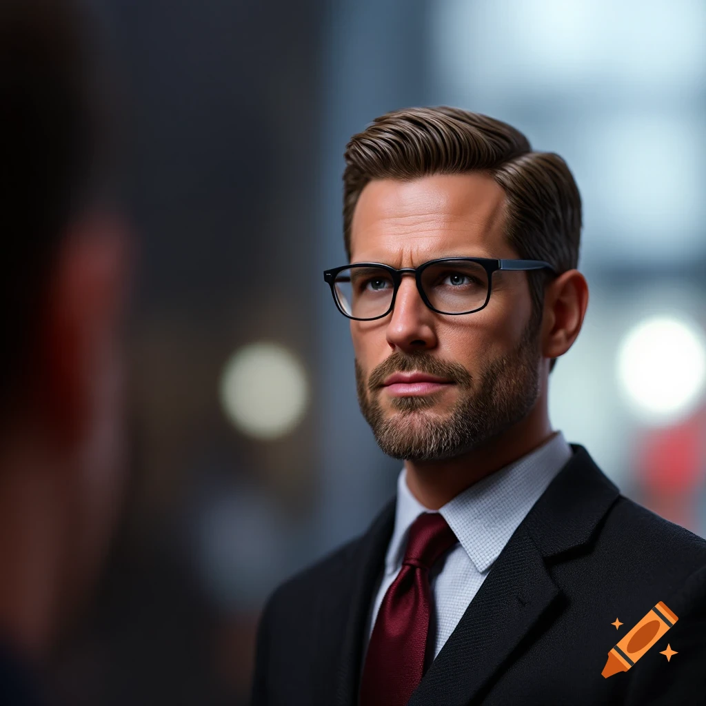 Close-up photorealistic portrait of a man in a suit and glasses