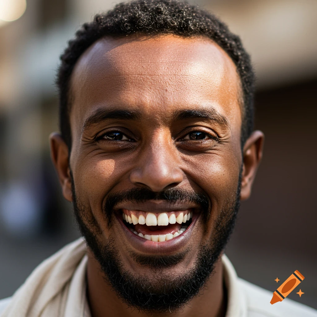 Close-up portrait of a man smiling excitedly.