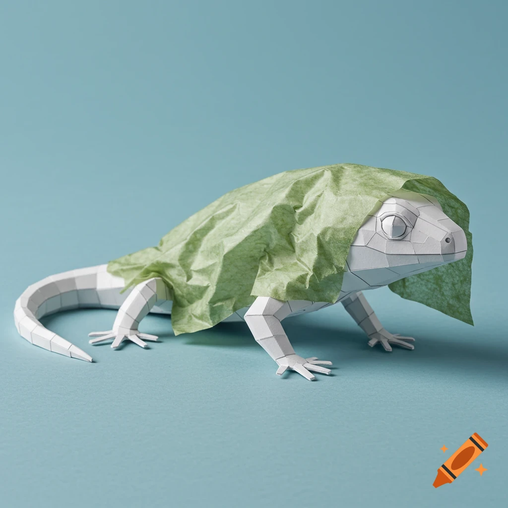 A white papercraft lizard covered by a green tissue paper, on a blue background.