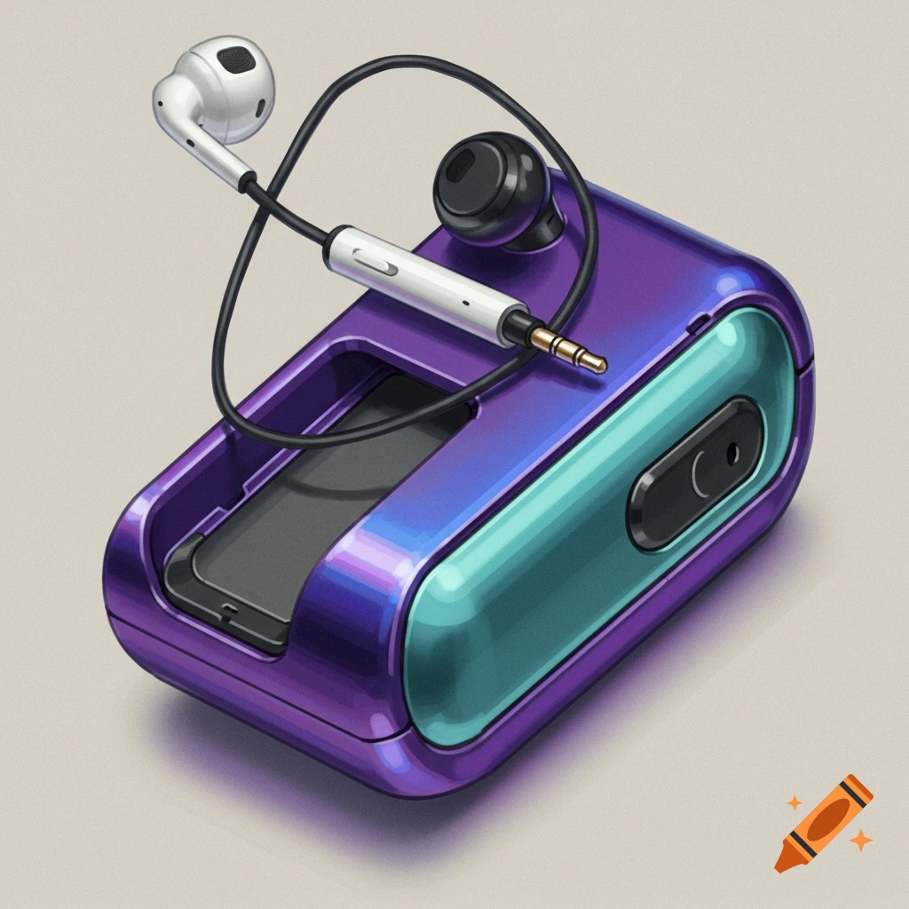 Headphones and a purple and teal case.