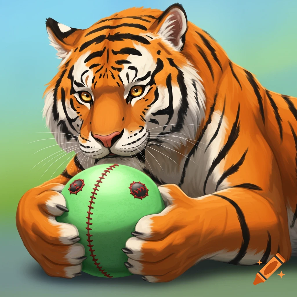 A tiger holding a green ball with red stitches
