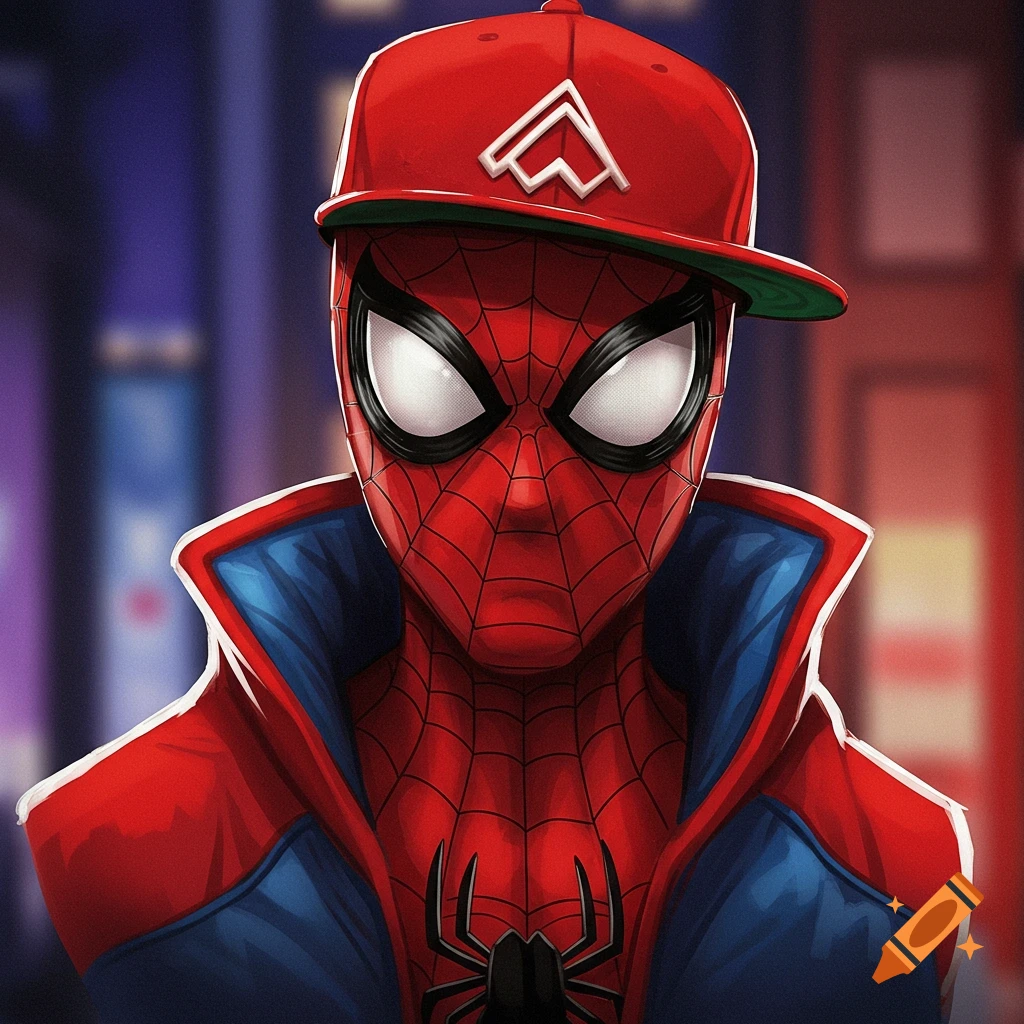 Stylized portrait of Spider-Man wearing a red baseball cap against a blurry city background.