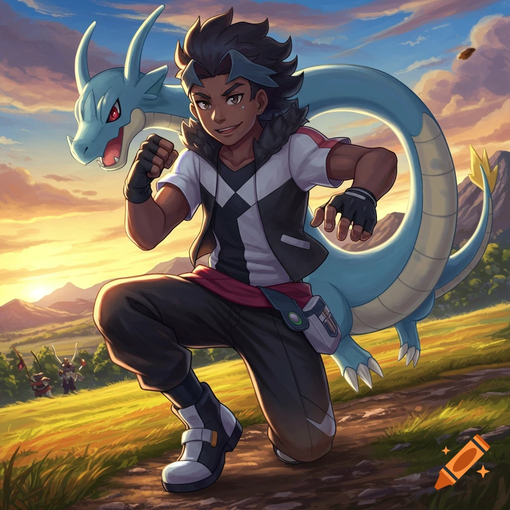 A young dark-skinned man runs with a blue dragon-like Pokemon at sunset in a grassy landscape, digital art.