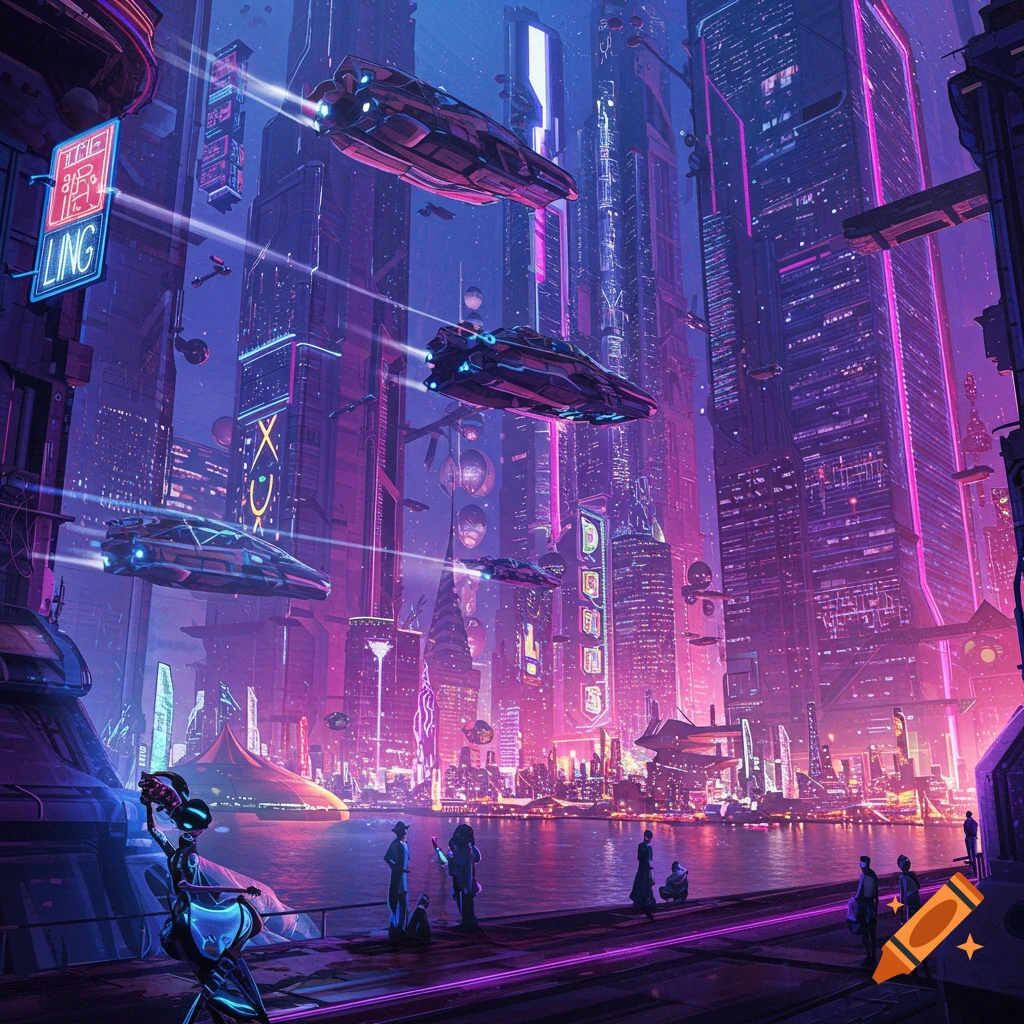 A vibrant cyberpunk city at night with flying vehicles and neon signs.