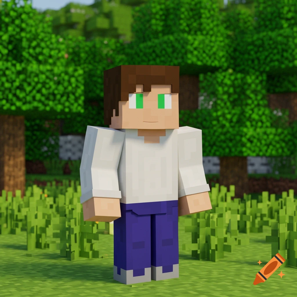 A Minecraft character with brown hair, green eyes, a white shirt, and blue pants stands in a grassy field.