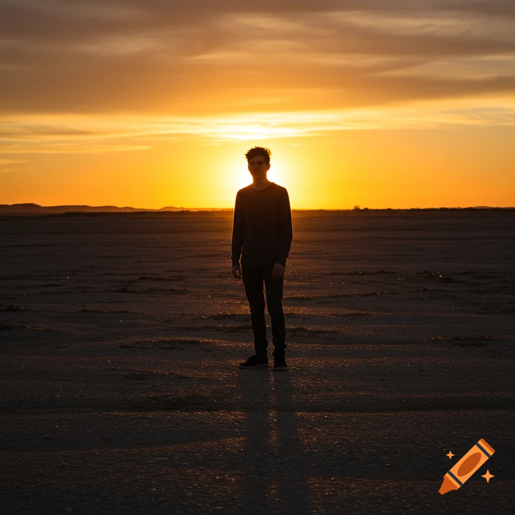 A person stands alone in a desolate landscape at sunset. Photorealistic.